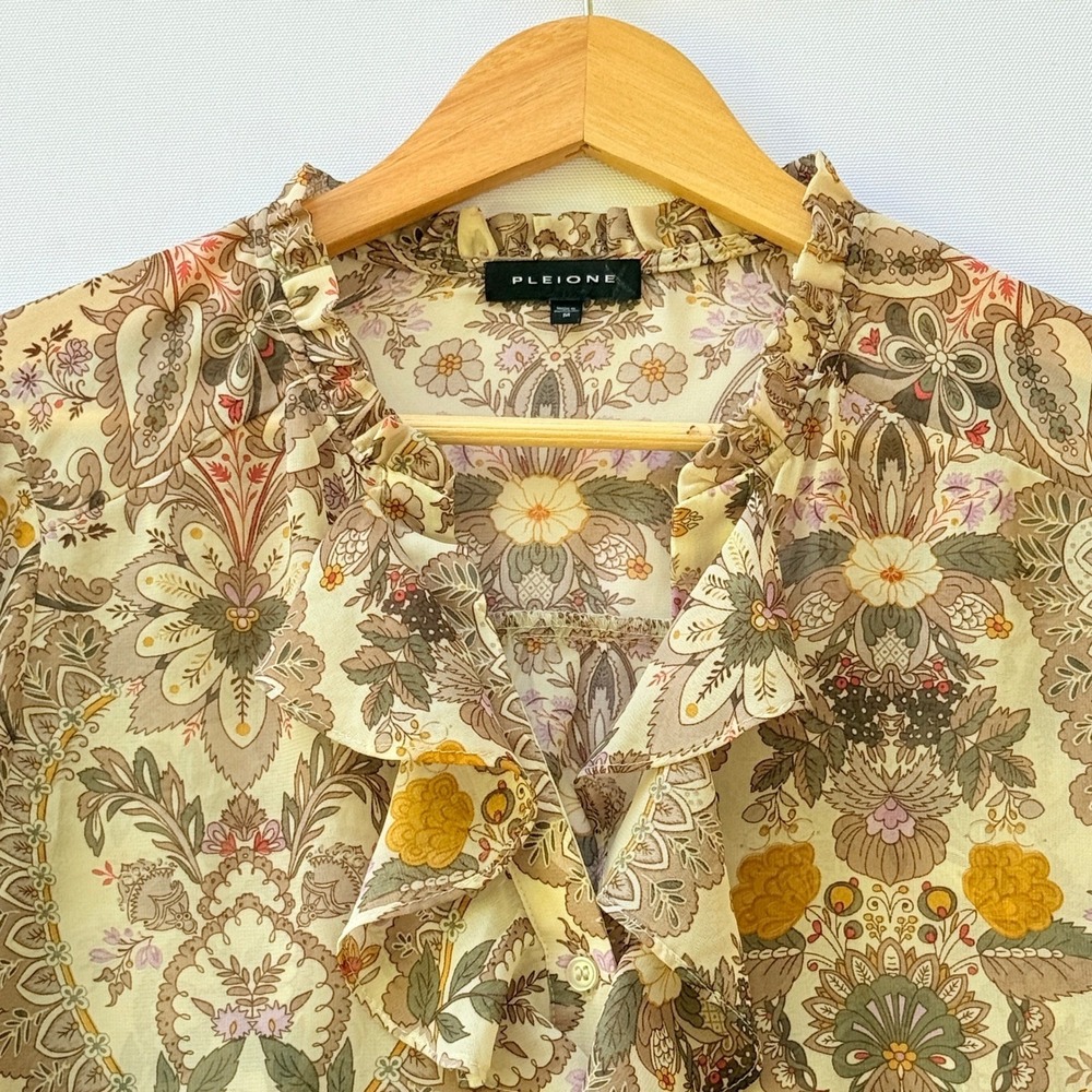 Pleione Paisley Womens Medium Floral‎ Ruffle Neck Long Sleeve Sheer Blouse Top - Picture 3 of 8